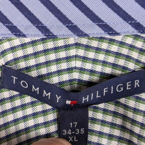 Tommy Hilfiger XL Shirt 17 34/35 Green Blue Plaid Grid Check Cotton Button Front - Picture 2 of 5